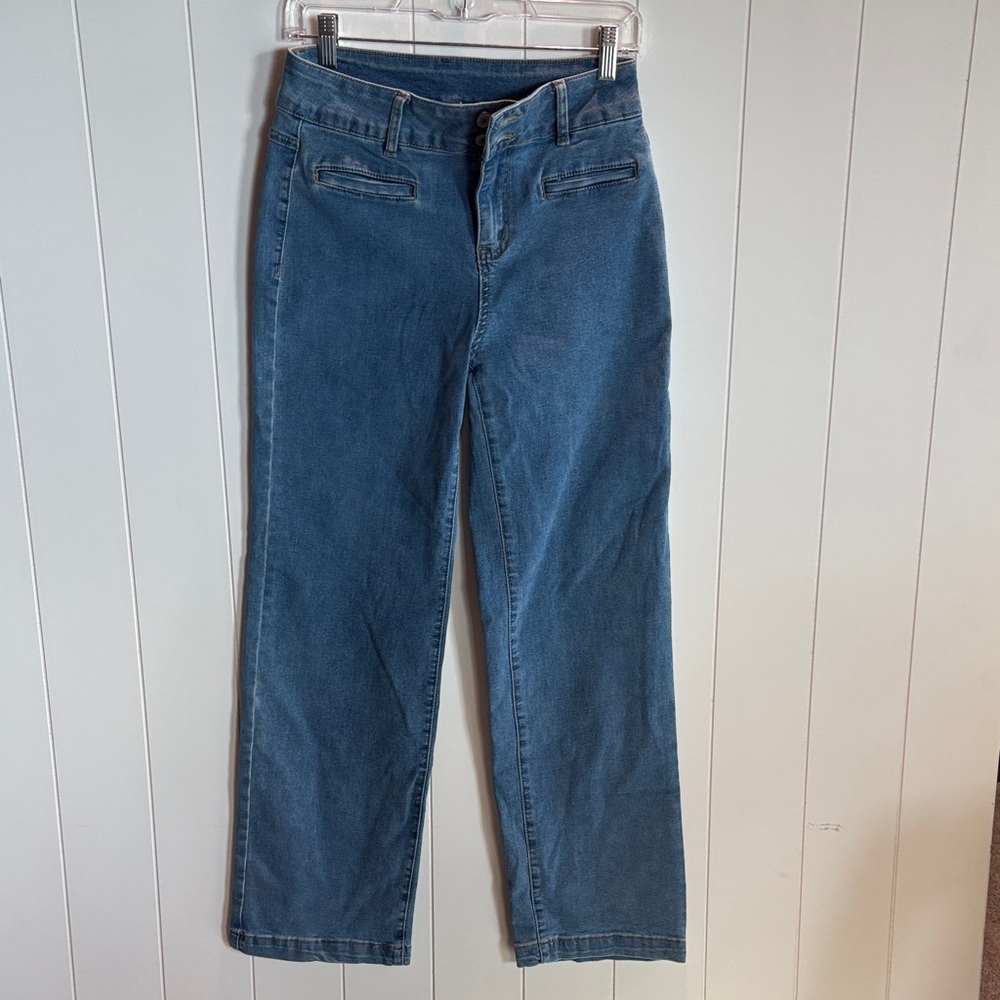 Sidefeel wide leg barrel very stretchy and soft medium blue denim jeans 6